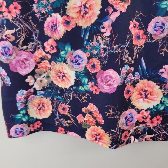 BETSEY JOHNSON navy floral jewel neck short sleeve stretchy sheath dress - Picture 4 of 9